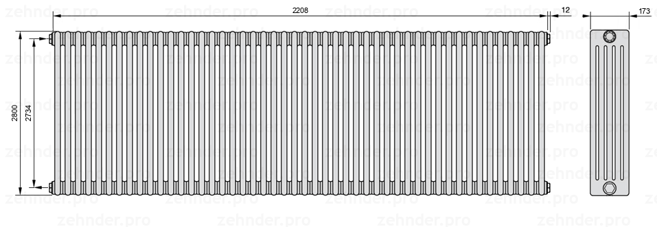 Схема (чертеж) Радиатор Zehnder Charleston 5280/48 №1270 Белый глянцевый RAL 9016